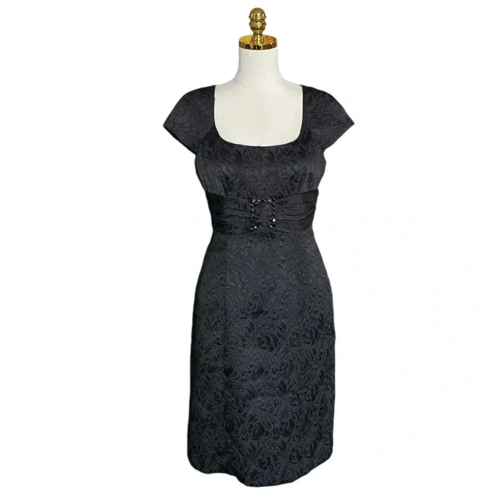 TAHARI A.S.L | Glamorous Black Brocade Floral Jaquard Cocktail Dress Size 4